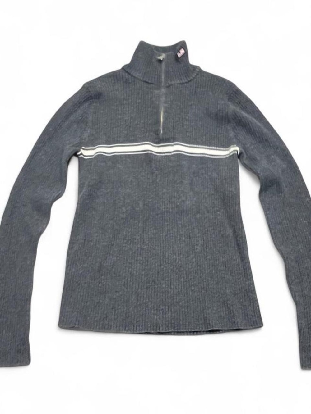 Vintage 90s Ralph Lauren Gray Half-Zip Ribbed Sweater with White Stripe - Women